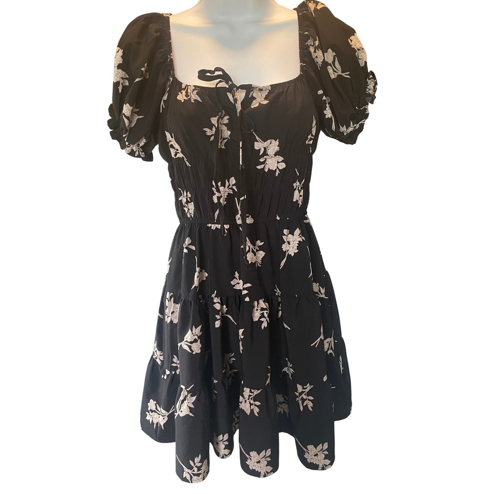 Womens Y2K Whimsigoth Dark Floral Fairy Puff Sleeve Tiered Mini Dress Small